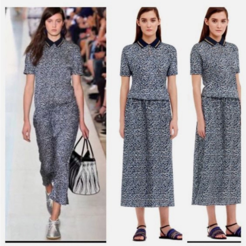 Tory Burch Honeycomb navy blue & white semi sheer drop waist silk caftan dress